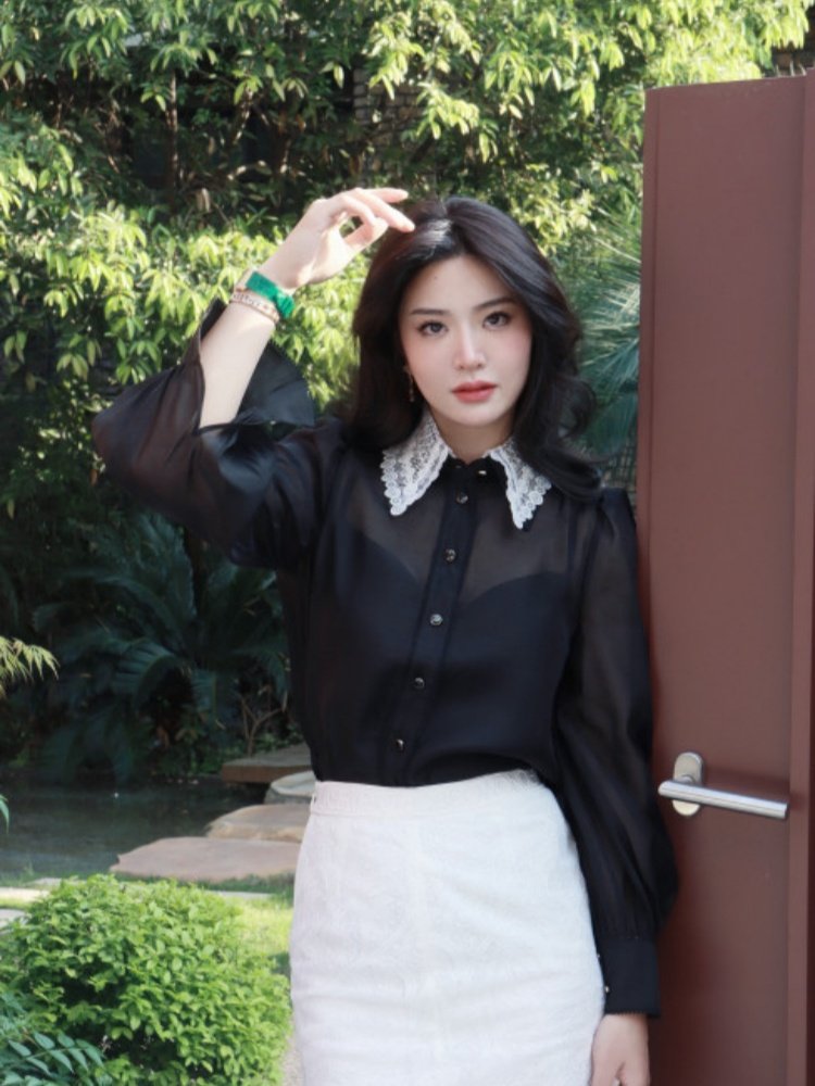 OBEG欧碧倩蕾丝领欧根纱衬衫