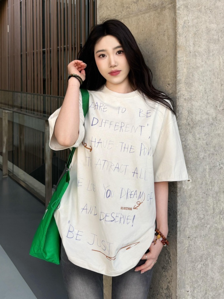 韩系穿搭超好看杏色宽松正肩短袖t恤