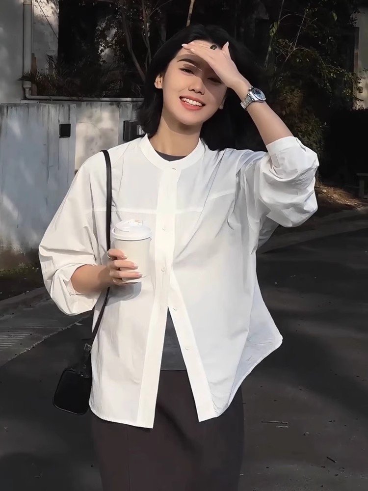 法式气质白色圆领正肩长袖衬衫女春秋外搭宽