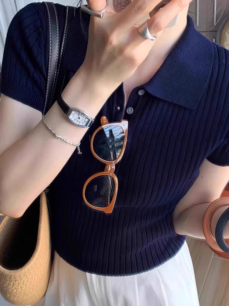 法式藏蓝色polo领针织冰丝短款小上衣女