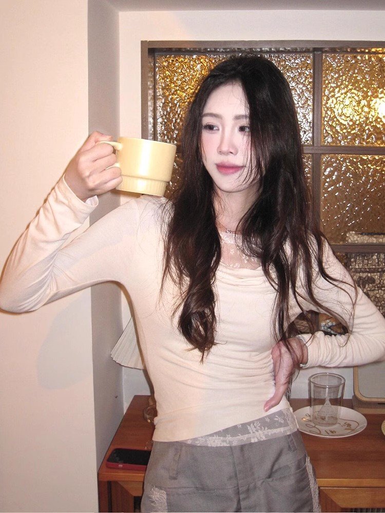 纯欲内搭白色蕾丝低领长袖t恤女春秋修身掐