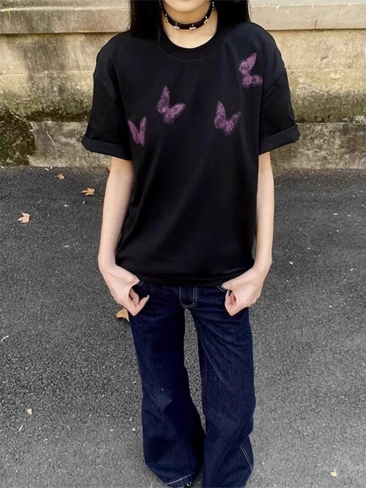 暗黑系紫色蝴蝶印花短袖男款夏季索罗娜t恤