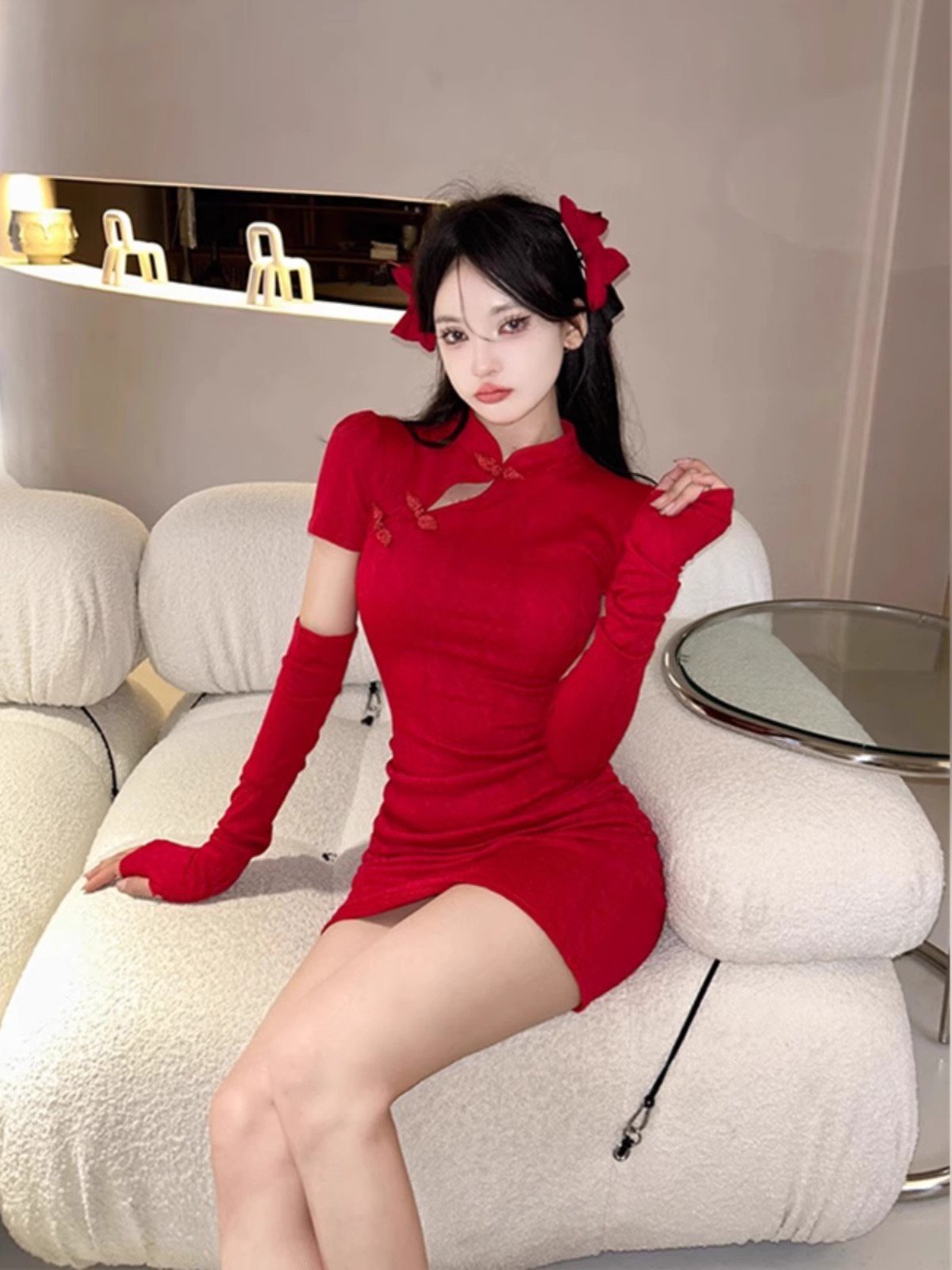 新中式红色改良旗袍连衣裙女冬季过年穿搭