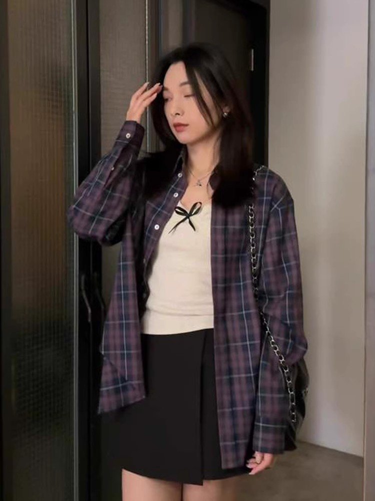 美式复古撞色格子polo领衬衫外套女春秋