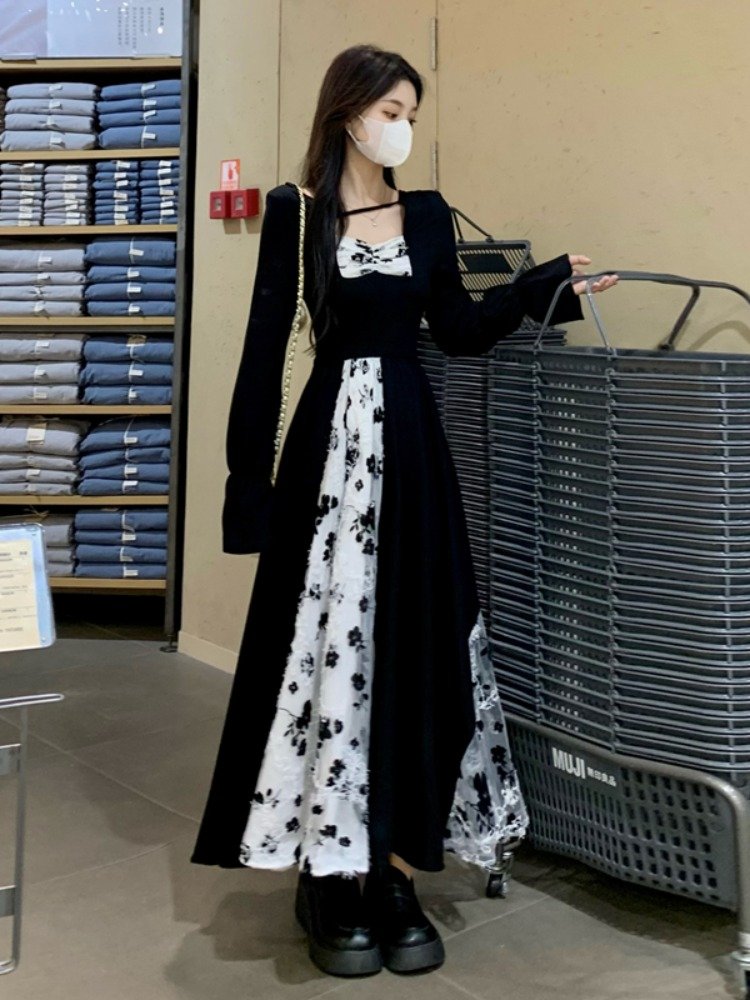 法式气质黑色方领拼接蕾丝长袖连衣裙女