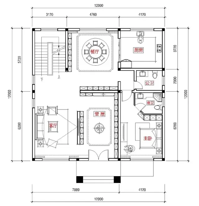 12米×12米三层别墅农村自建房设计首层户型图