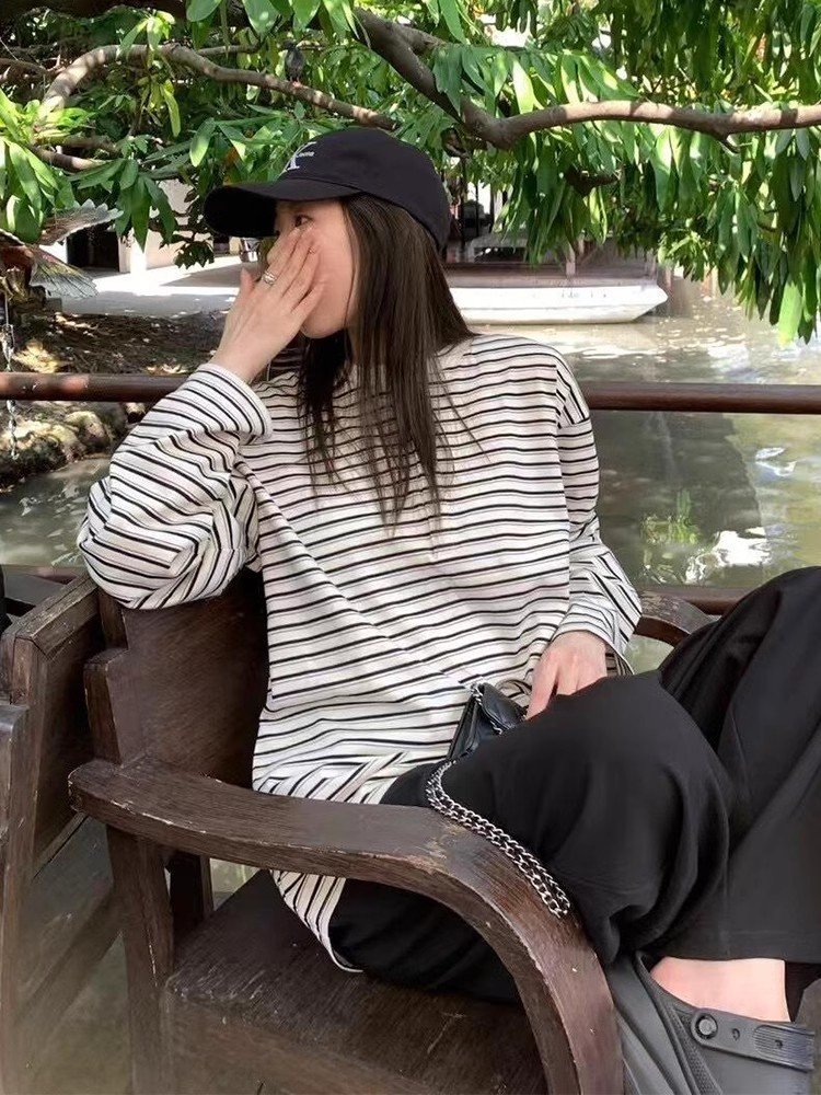 韩系撞色条纹半开领正肩长袖t恤女早春小个
