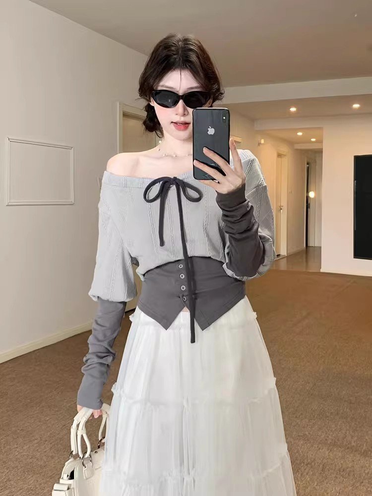 撞色一字肩系带长袖t恤女早春季假两件打底