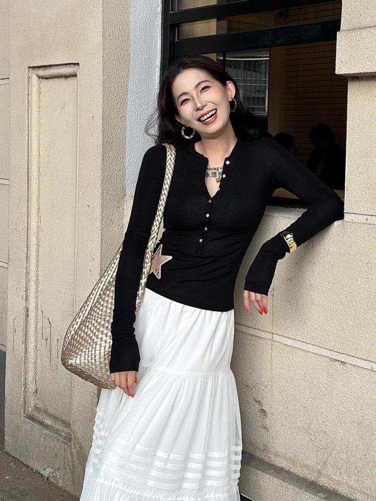 美式复古内搭黑色半开领长袖t恤女春秋修身