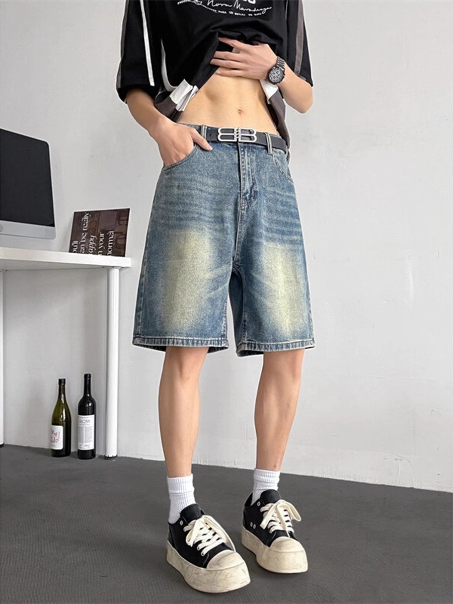 蓝色水洗牛仔短裤男款夏季美式高街vibe