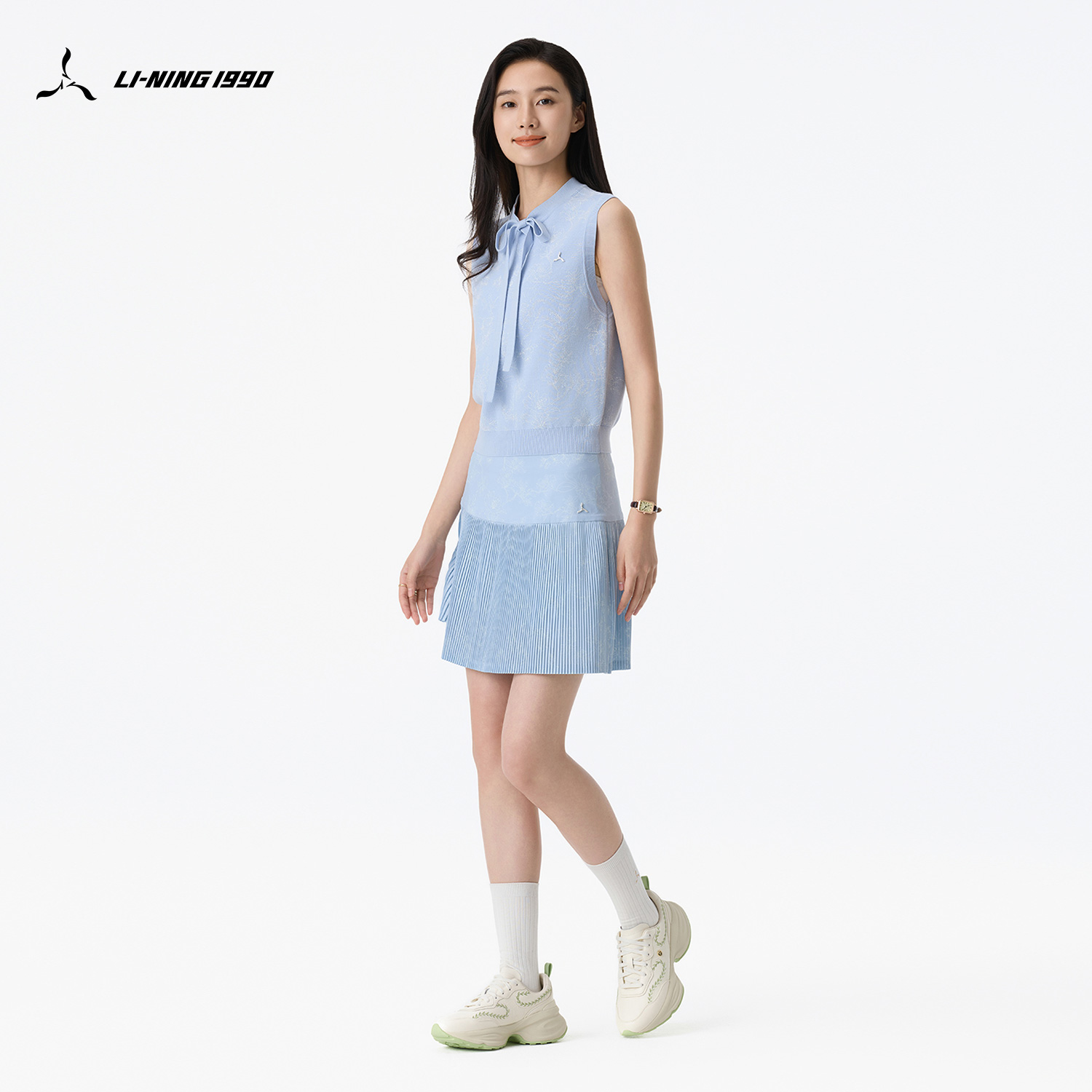 李宁1990女士印花细百褶短裙