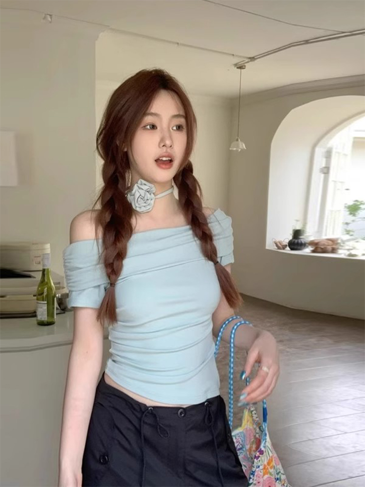 纯欲蓝色一字肩绝美短袖T恤女设计感小众
