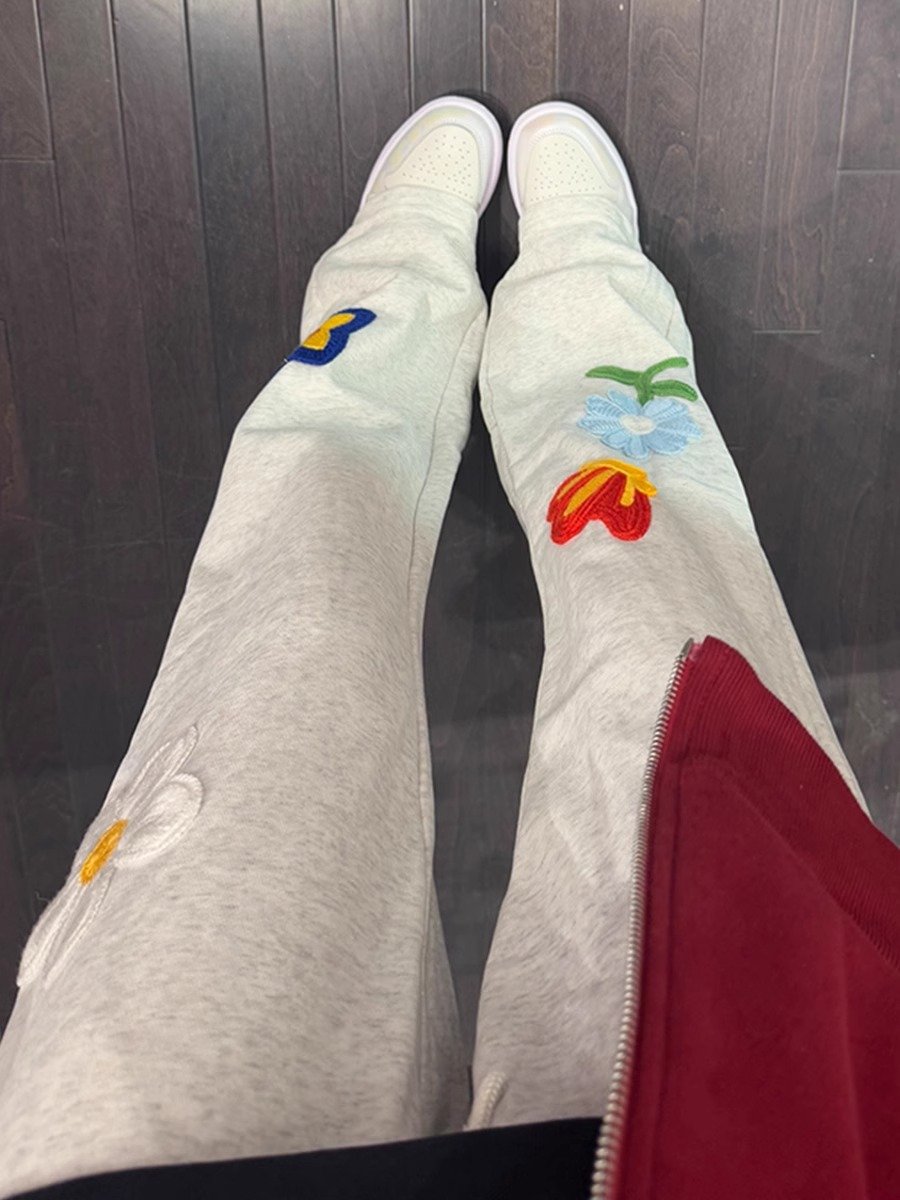 花灰色花卉刺绣裤子男款春秋设计感小众运动