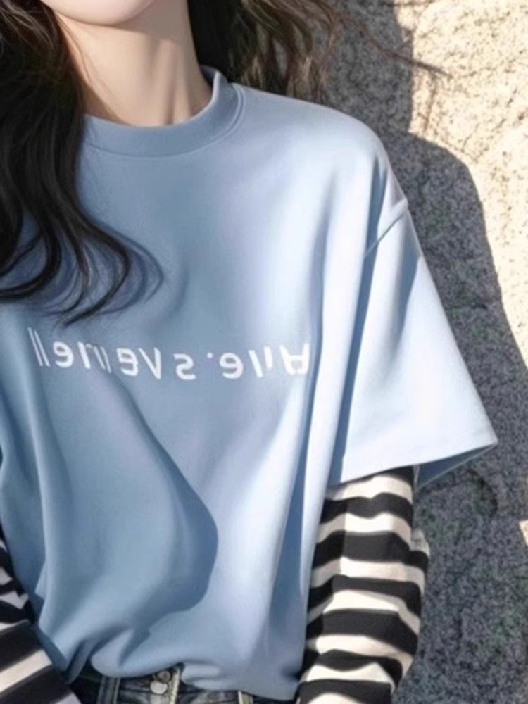 韩系蓝色假两件正肩长袖t恤女春秋小众打底