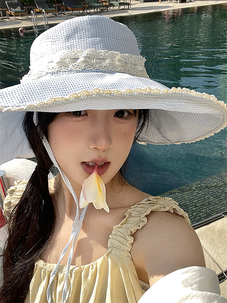 夏日小清新日系甜美蕾丝格子渔夫帽！