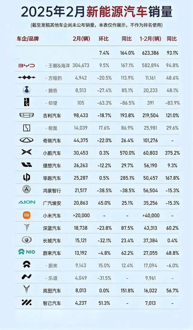 2025年2月新能源汽车销量排行，吉利第2，小鹏第4，小米进入前十