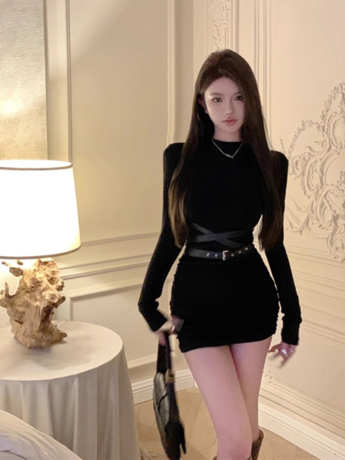 性感辣妹长袖T恤连衣裙女秋季收腰修身包臀