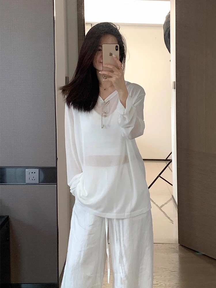 韩系白色圆领正肩长袖防晒t恤罩衫女夏季外