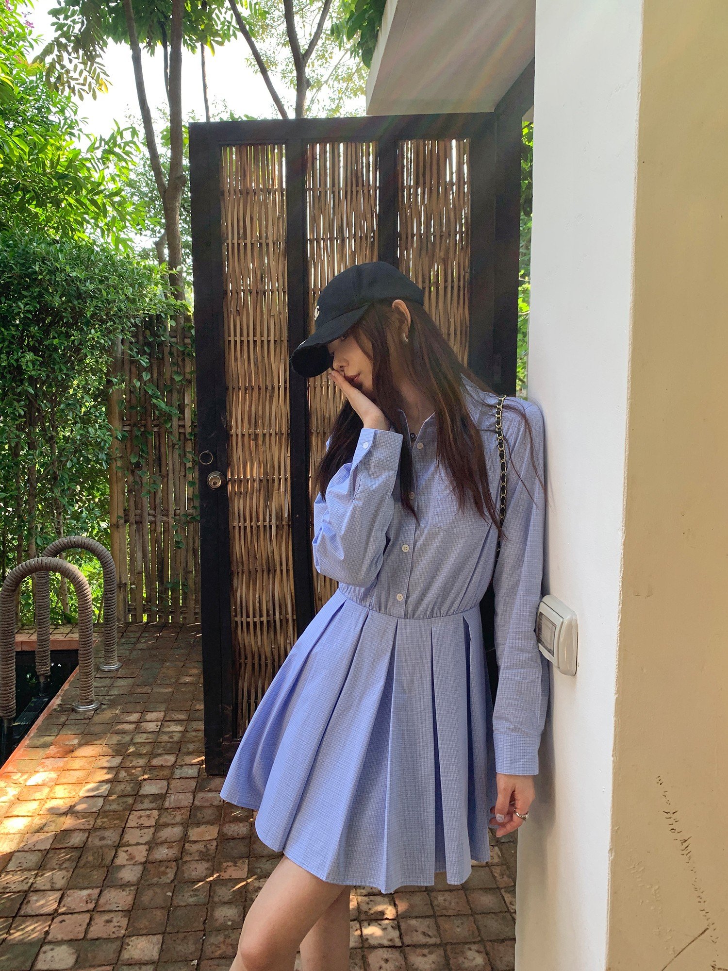 pusumede 长袖格子衬衫裙连衣裙女