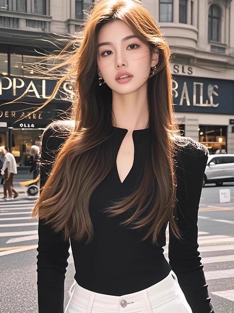 小个子黑色v领打底衫上衣女春秋穿搭高级小