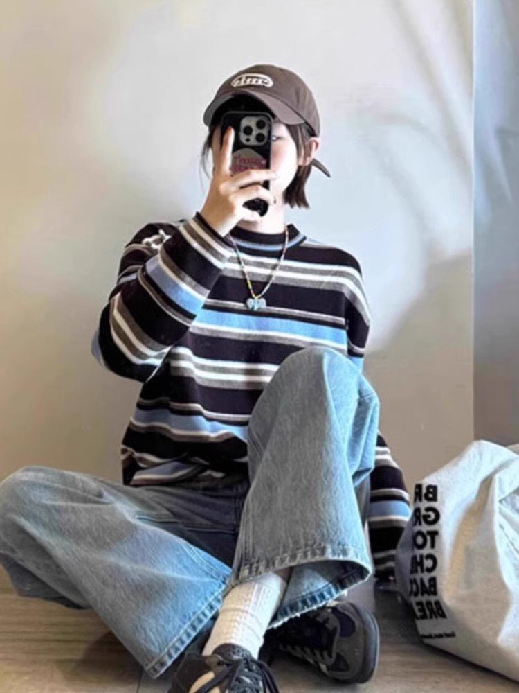 美式复古撞色条纹长袖正肩t恤女早春独特别