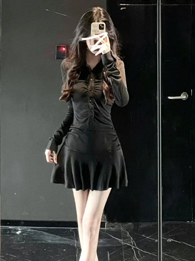纯欲辣妹黑色长袖衬衫连衣裙女