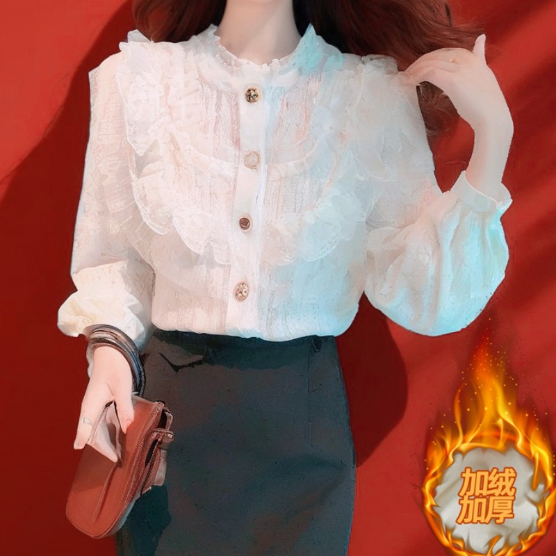秋冬洋气蕾丝衫长袖上衣加厚保暖衬衫