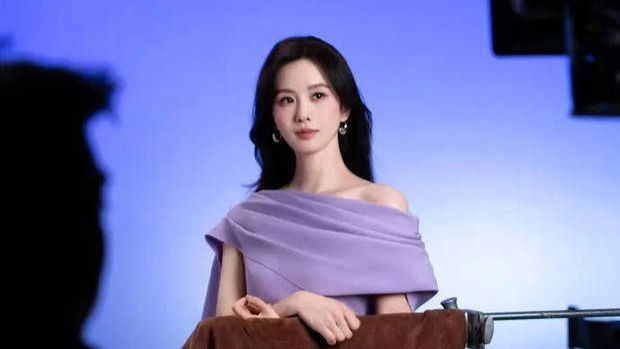 刘诗诗身穿紫色抹胸裙优雅大气