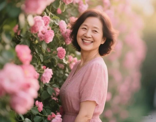中老年女性蔷薇花拍照，姿势优雅有韵味，上了年纪也很美