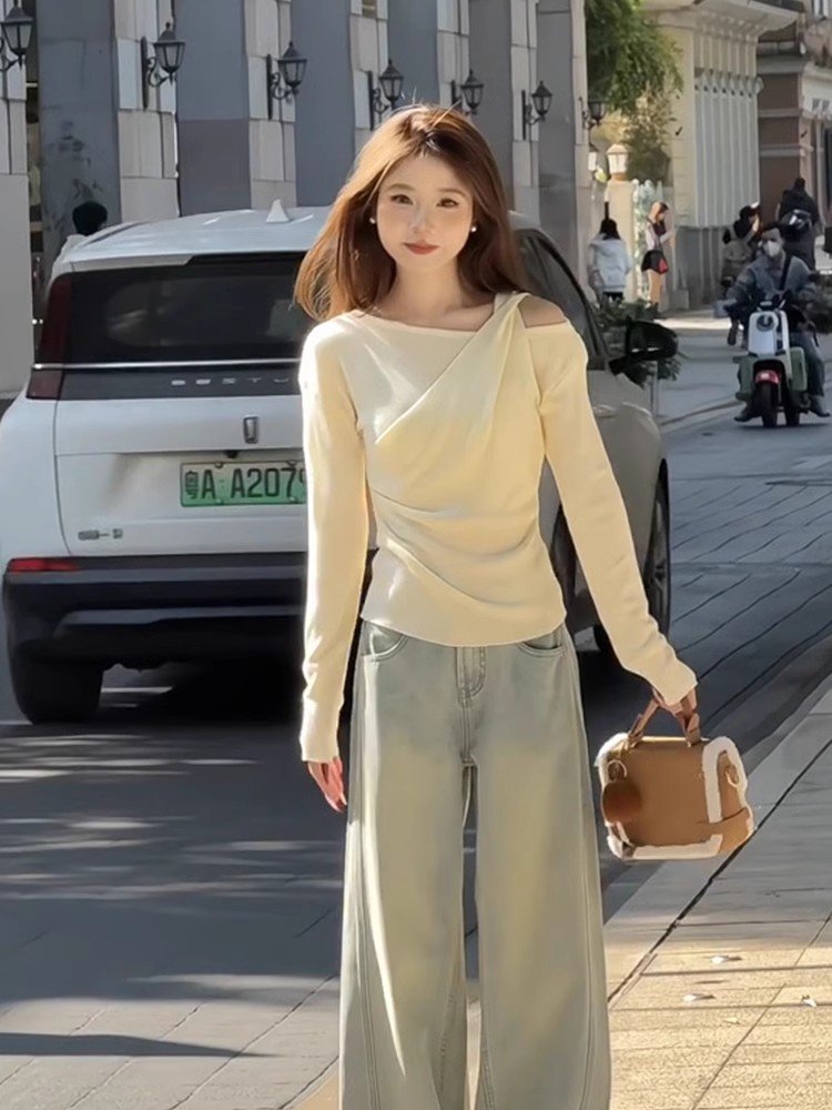 法式不规则修身掐腰设计感针织上衣女202