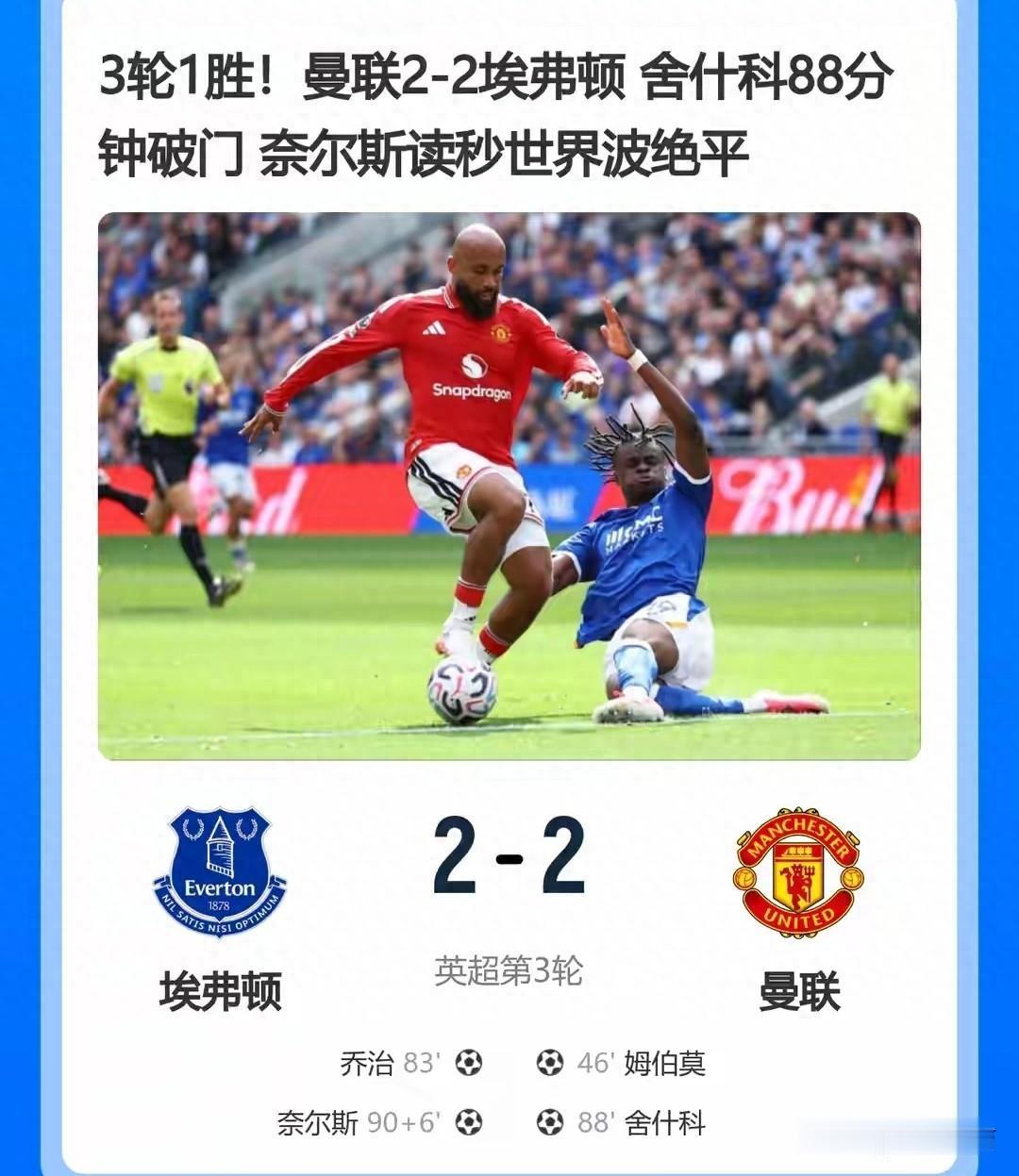 随着曼联2-2埃弗顿！诞生3大不争事实，不是舍什科，最大功臣是他