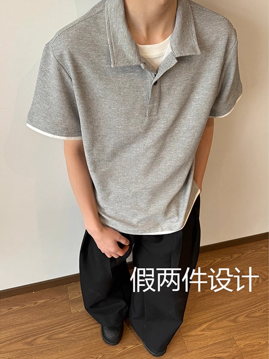 花灰色假两件Polo衫男款夏季美式复古重