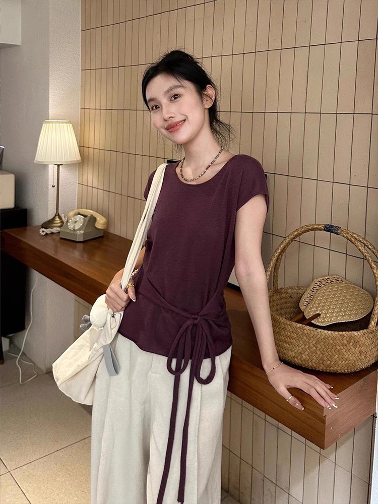 法式紫色绑带小飞袖针织冰丝t恤女短袖夏季