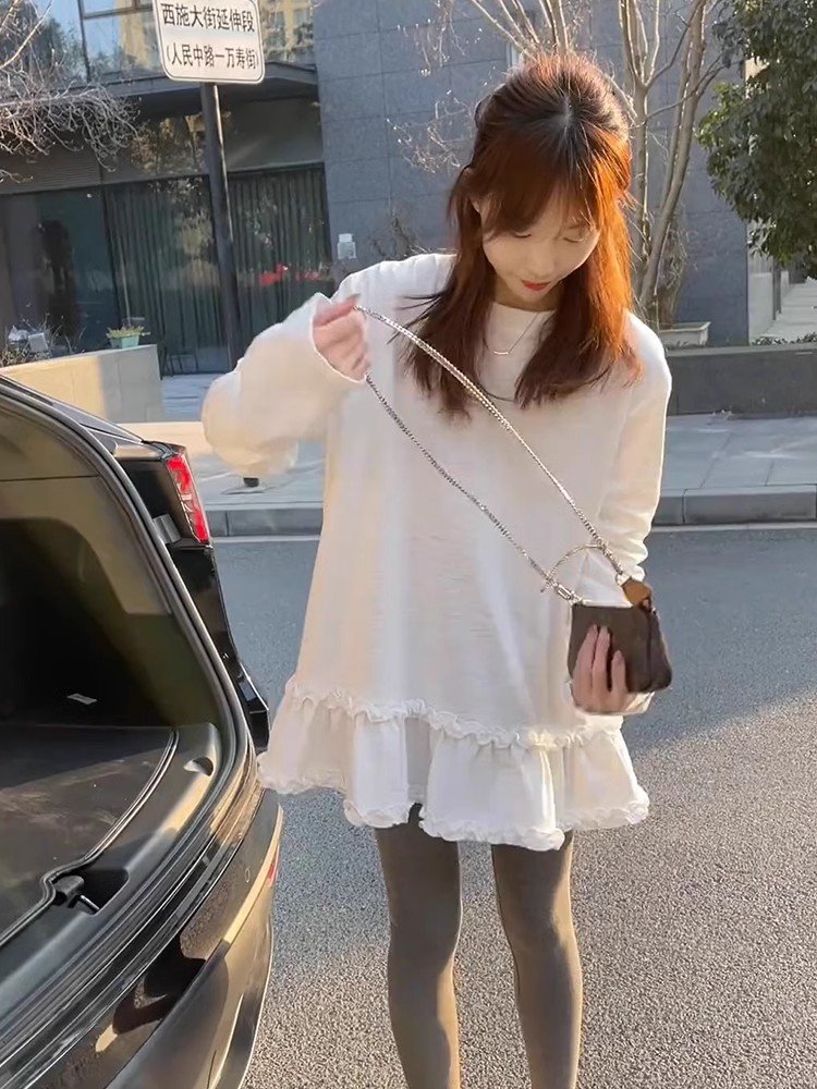 白色中长款荷叶边遮胯打底衫上衣女春秋季内