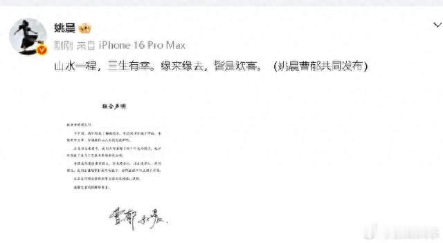 姚晨与曹郁官宣离婚 曾是珍贵家人如今相伴以友