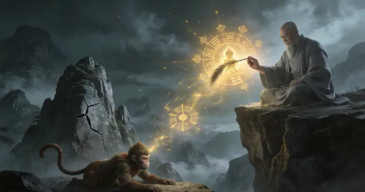 五行山拔地而起，将孙悟空死死镇压，天地间仍弥漫着那场惊天赌斗