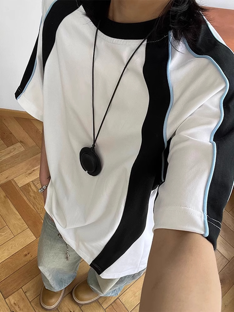 解构撞色拼接短袖男款夏季美式痞帅高级感t