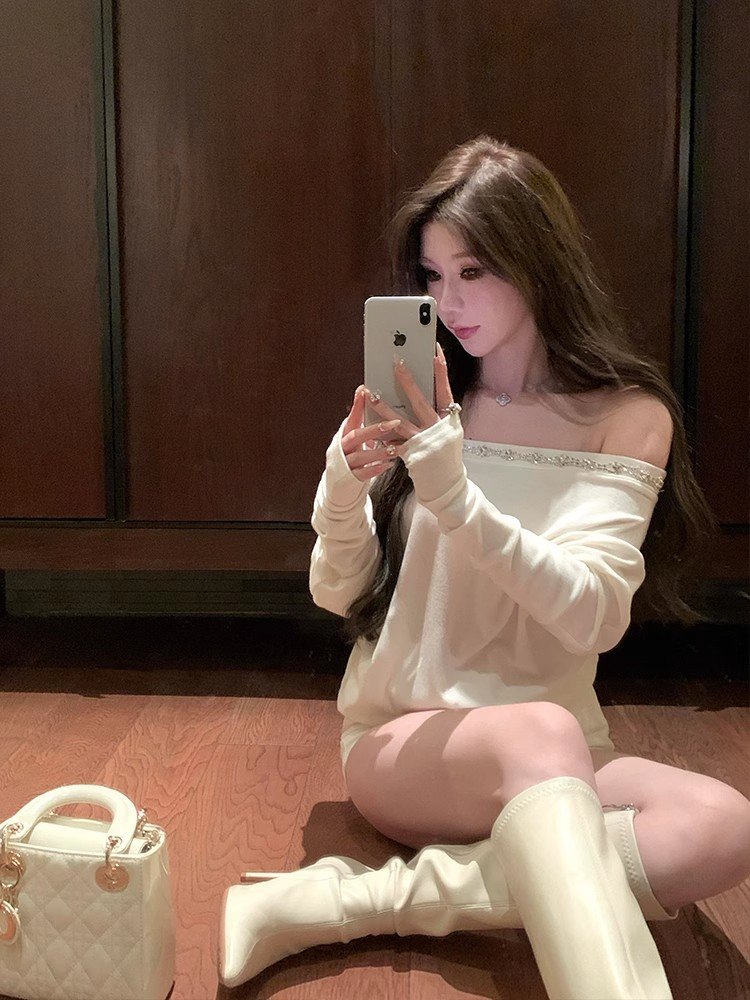 白色内搭重工斜肩长袖t恤女夏季小个子宽松