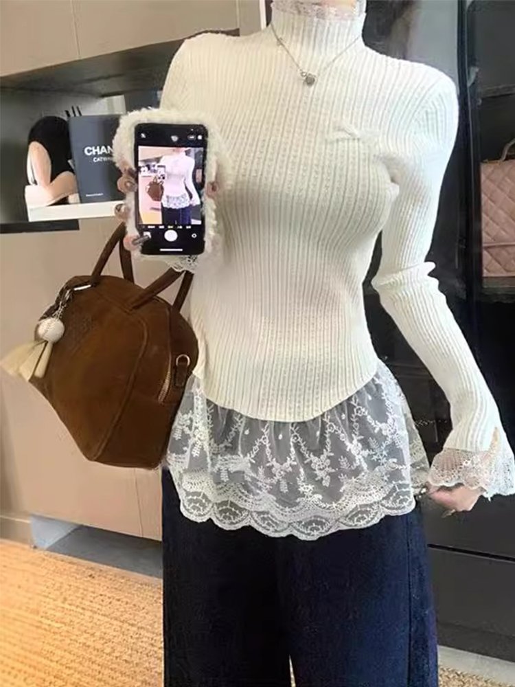 纯欲性感蕾丝拼接半高领长袖t恤女遮屁股