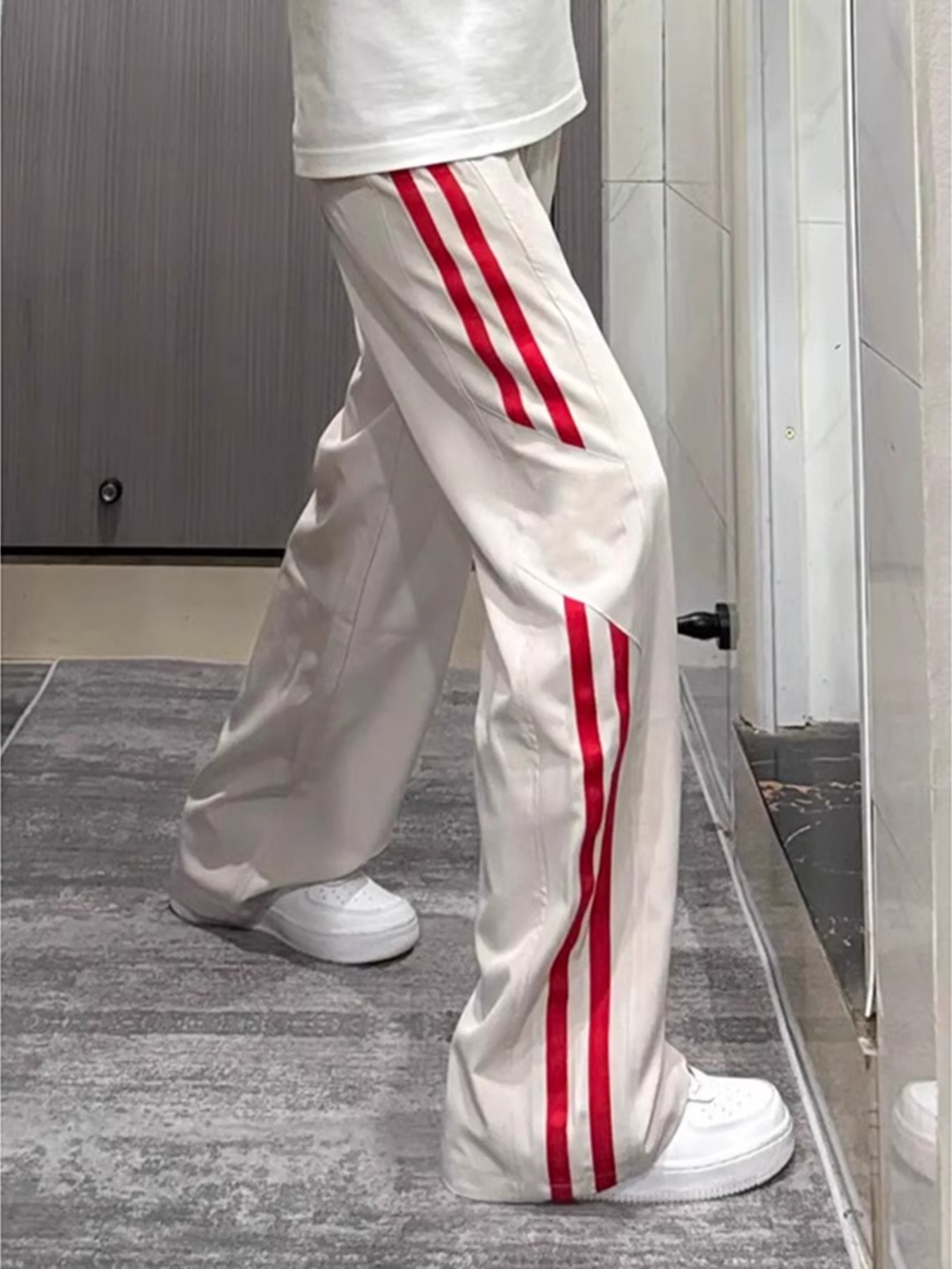 红白条纹冰丝裤子男款夏季薄款凉感速干运动