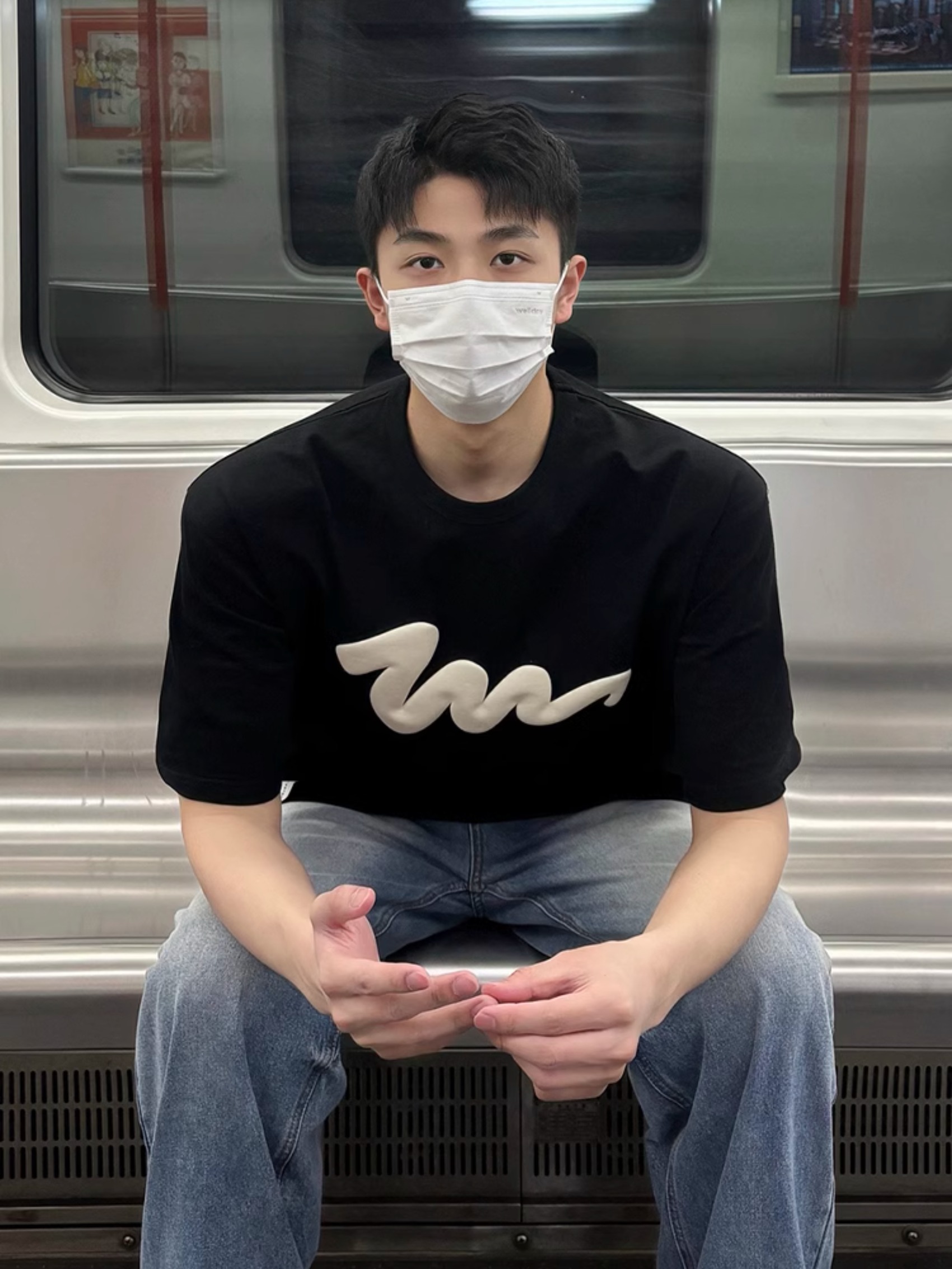 黑色发泡印花短袖t恤男款夏季重磅小领口正