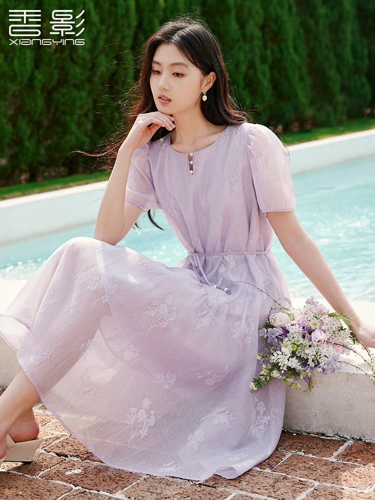 香影紫色印花泡泡袖连衣裙女