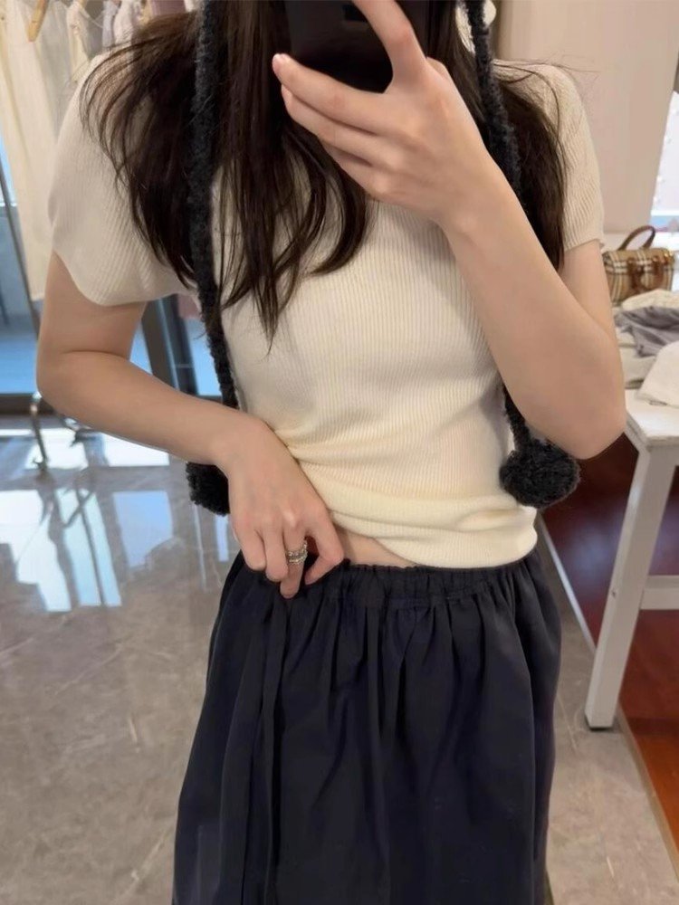 韩系白色冰丝针织短袖正肩t恤女夏季甜辣小