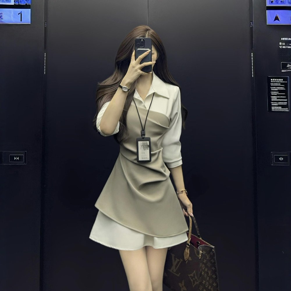 浅春系法式拼接假两件连衣裙小个子气质短裙