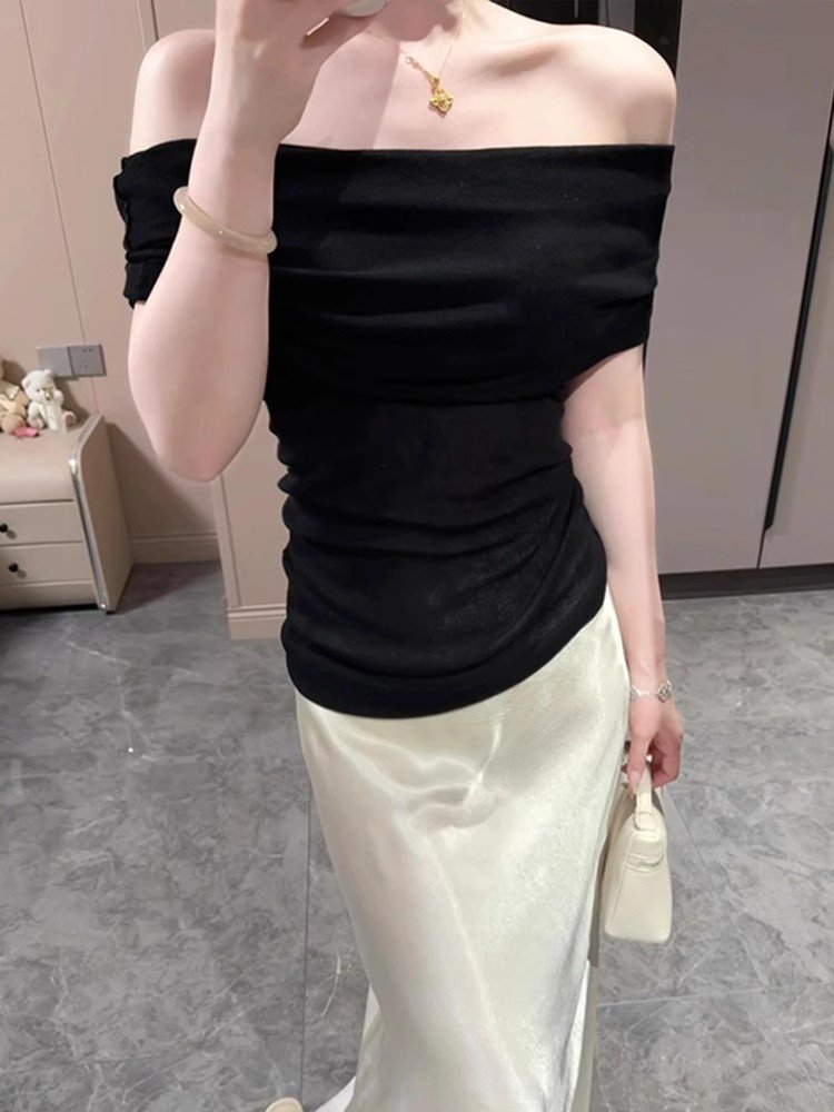 法式别致黑色一字领冰丝针织短袖t恤女夏季