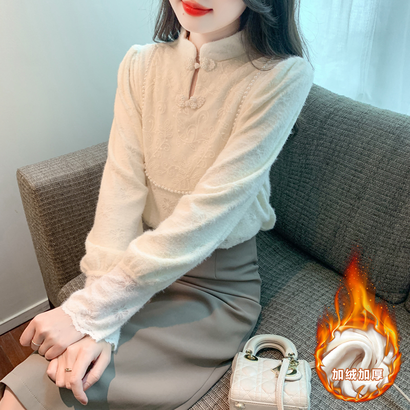 中式盘扣加厚保暖蕾丝衫上衣