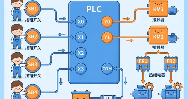 两台电机延时先后启停机的 PLC 控制程序