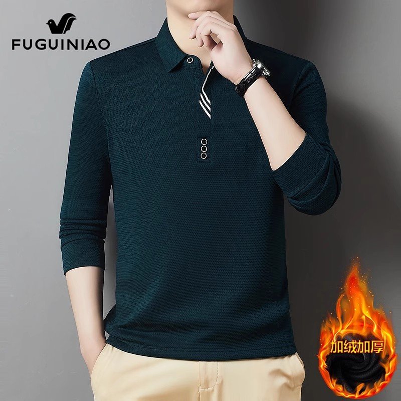 翻领polo衫男士冬季上衣加绒长袖t恤男