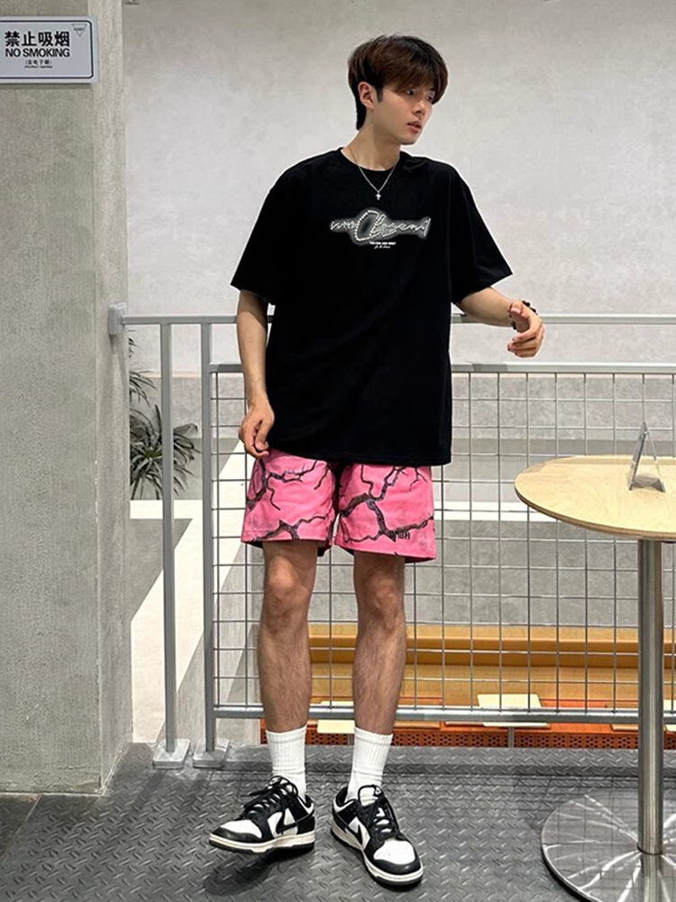 粉红色树枝涂鸦短裤男款夏季多巴胺裤子美式