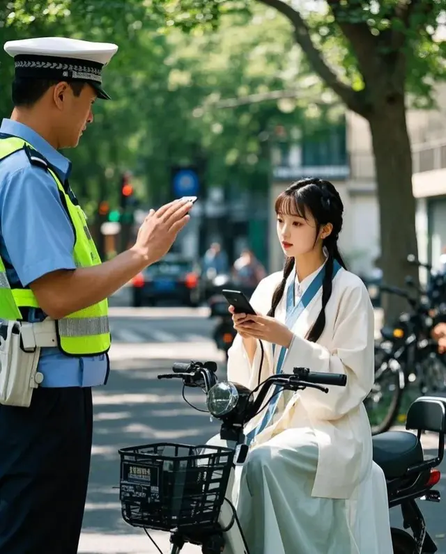 林黛玉穿越千年，没带头盔骑电动车被交警拦住